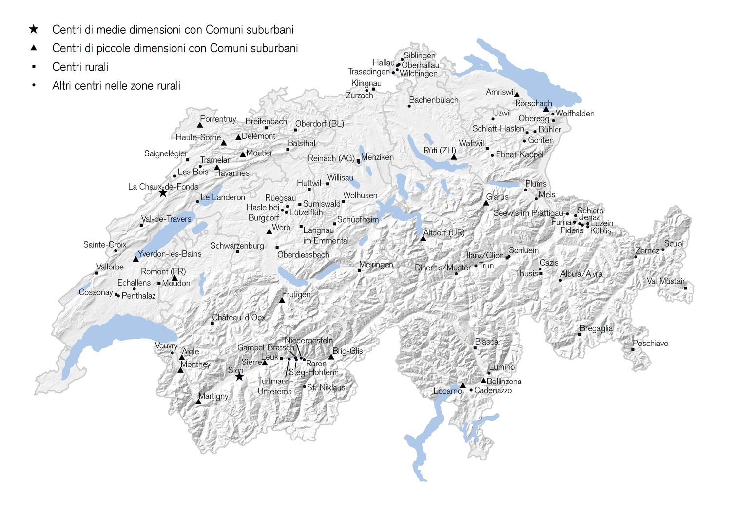 Mappa della Svizzera con i vari centri delle aree di applicazione