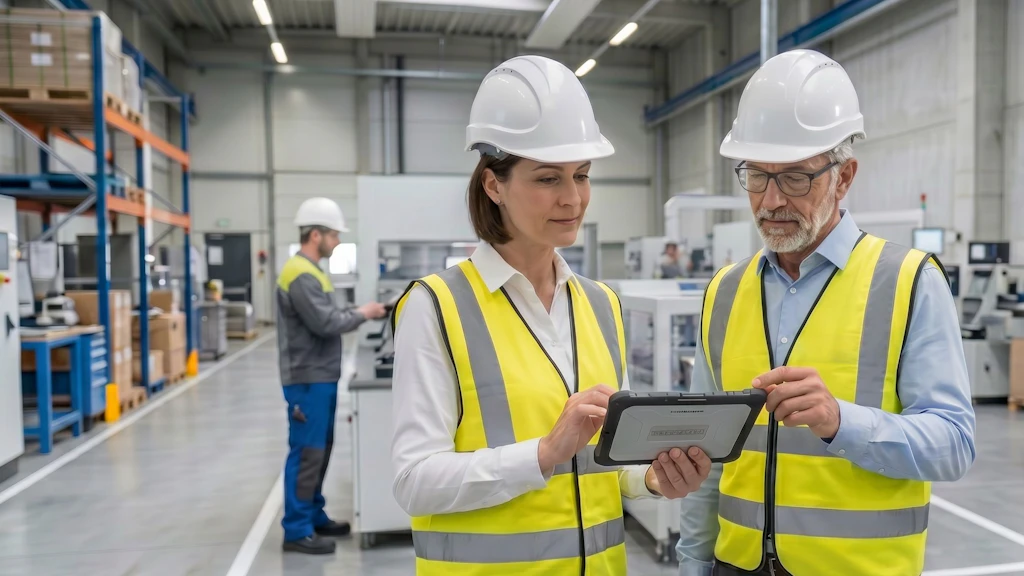 Un ispettore cantonale del lavoro svolge un’ispezione aziendale all’interno di un capannone di produzione. Insieme a una persona responsabile della gestione operativa dell’azienda, verifica e discute le constatazioni documentate su un tablet e i punti ancora aperti relativi alla sicurezza sul lavoro, alla tutela della salute e ai processi aziendali.