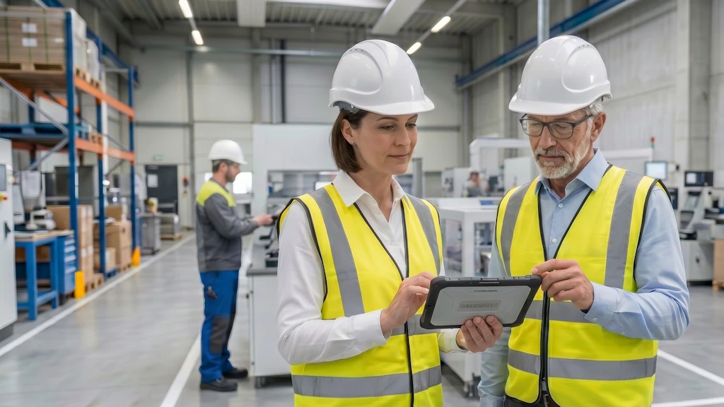 Un ispettore cantonale del lavoro svolge un’ispezione aziendale all’interno di un capannone di produzione. Insieme a una persona responsabile della gestione operativa dell’azienda, verifica e discute le constatazioni documentate su un tablet e i punti ancora aperti relativi alla sicurezza sul lavoro, alla tutela della salute e ai processi aziendali.