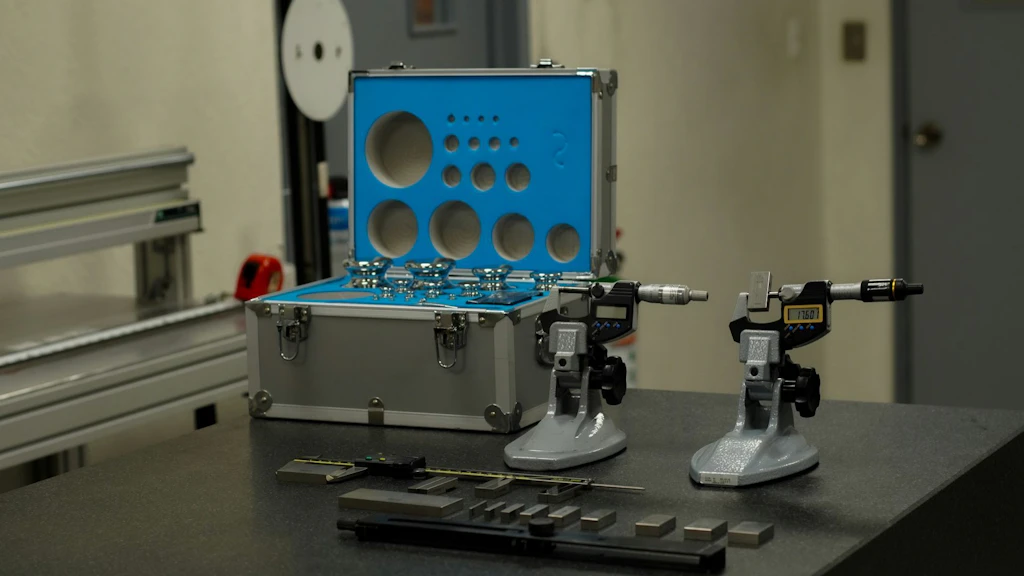 Strumenti di misura di precisione e campioni di calibrazione su un banco da laboratorio in un ambiente di collaudo tecnico – tra cui micrometri digitali, calibri di misura e una valigetta di trasporto aperta contenente campioni di calibrazione