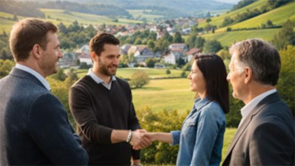 Persone che si stringono la mano davanti a uno scenario naturale.
